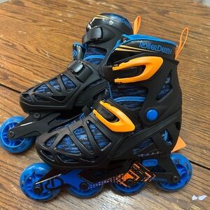 Blue and Orange Roller Derby Inline Skates